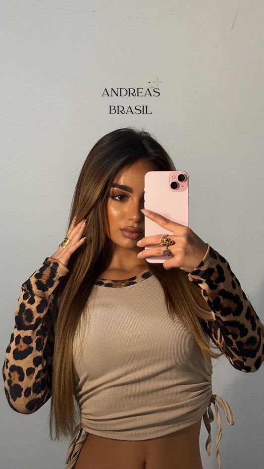 Top leopardo frunce beige