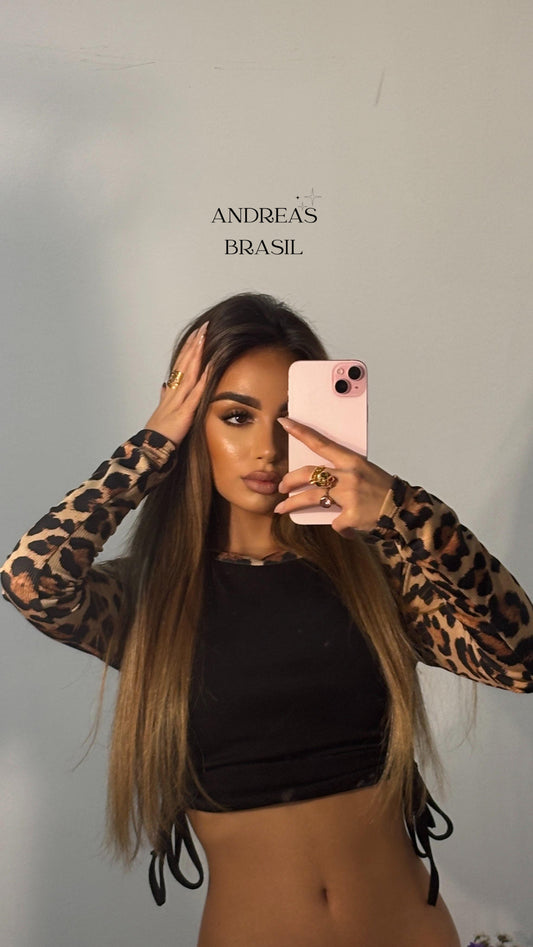 Top leopardo frunce negro